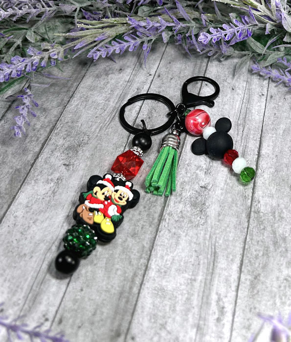 Handmade Christmas Mouse Beaded Keychain With Clip and Keyring