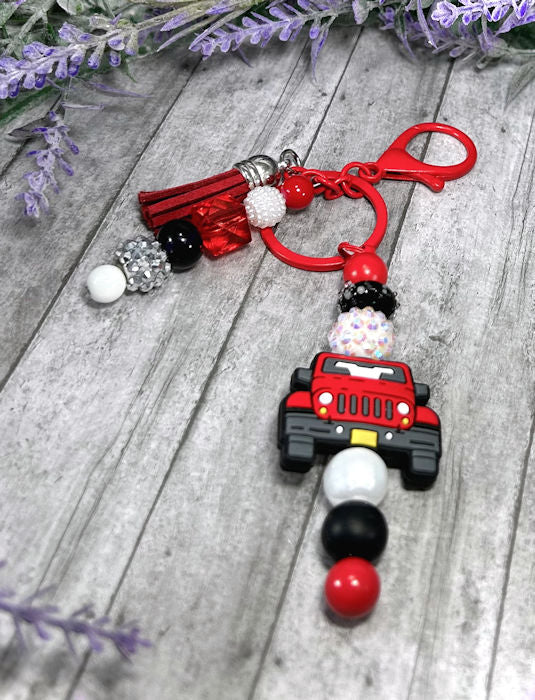 Handmade Red Truck Beaded Keychain With Clip and Keyring