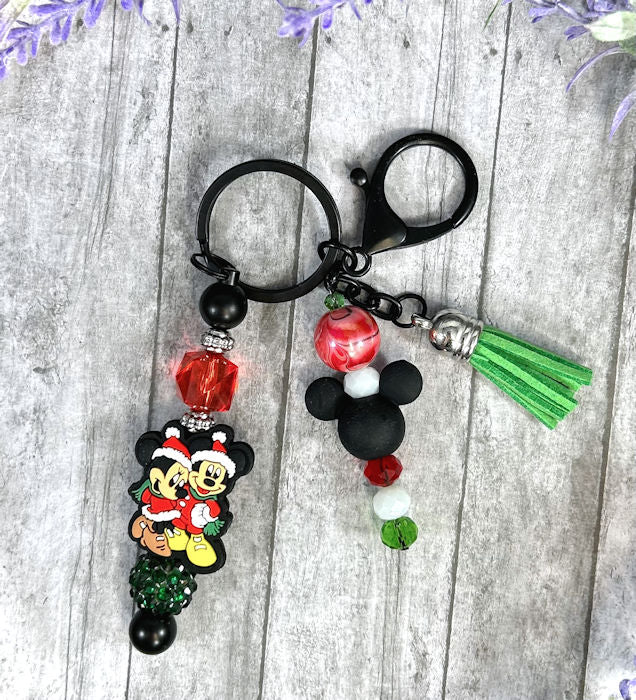 Handmade Christmas Mouse Beaded Keychain With Clip and Keyring