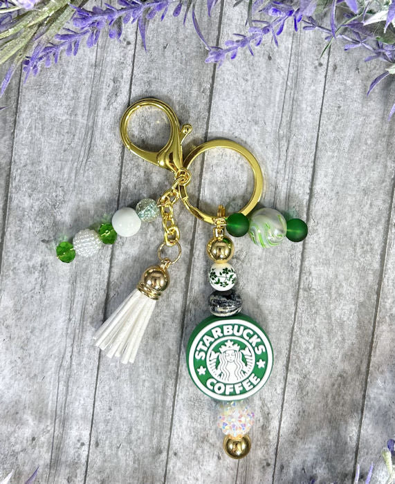 Handmade Coffee Beaded Keychain With Clip and Keyring