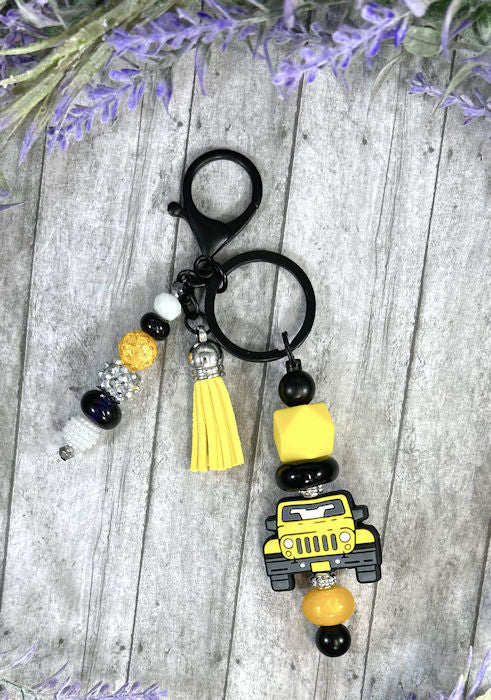 Handmade Yellow Truck Beaded Keychain With Clip and Keyring