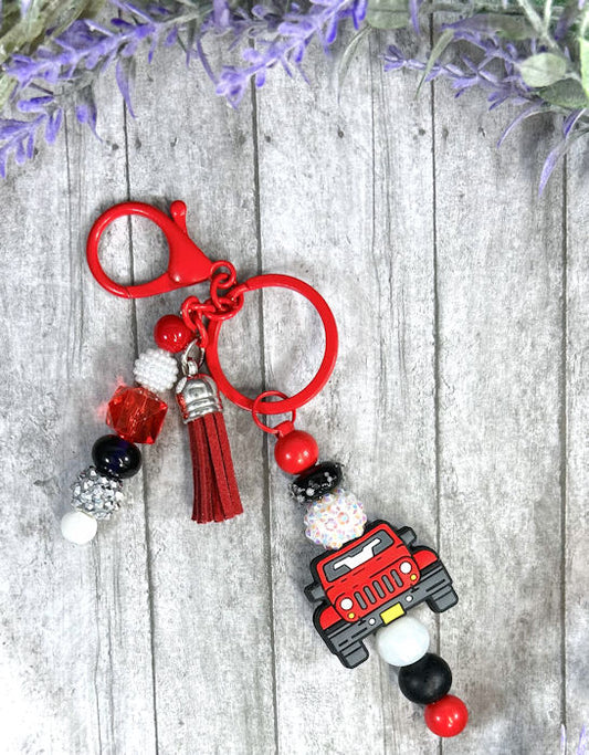 Handmade Red Truck Beaded Keychain With Clip and Keyring