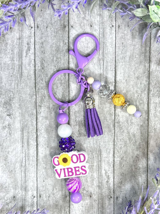 Handmade Good Vibes Beaded Keychain With Clip and Keyring