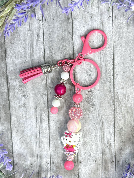 Handmade Pink Kitty Beaded Keychain With Clip and Keyring