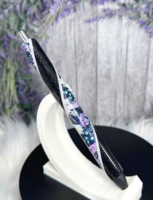 Handmade Lavender Flowers on Black glitter pen with free refill
