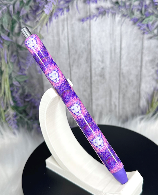 Handmade Pink and Purple Lion on pink glitter pen with free refill
