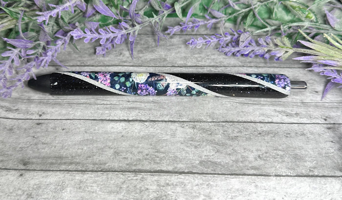 Handmade Lavender Flowers on Black glitter pen with free refill