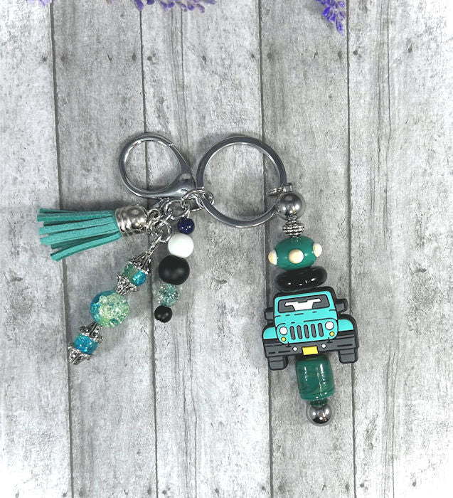 Handmade Aqua Blue Truck Beaded Keychain With Clip and Keyring