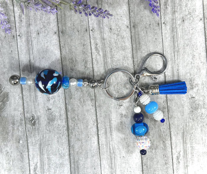 Handmade Blues Beaded Keychain With Clip and Keyring