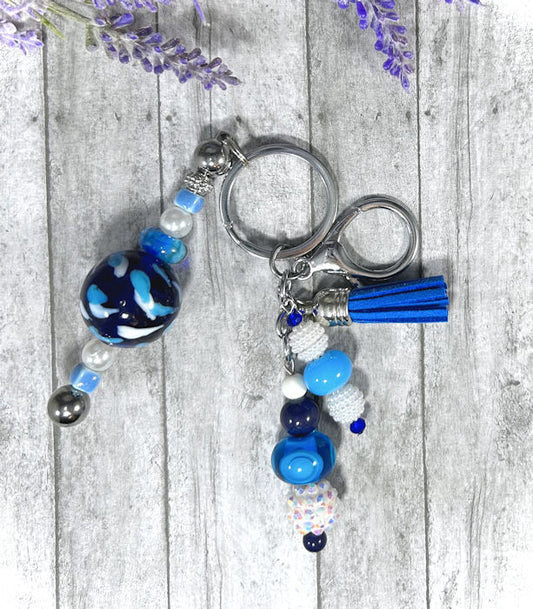 Handmade Blues Beaded Keychain With Clip and Keyring