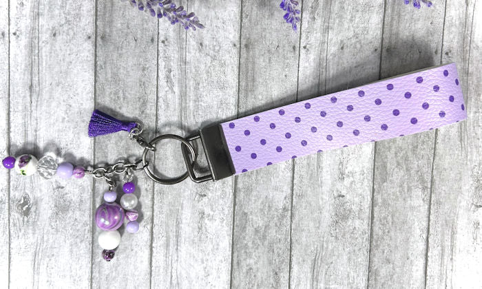 Handmade Purple Polka Dots Faux Leather Key Fob Wristlet