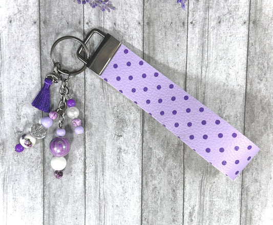 Handmade Purple Polka Dots Faux Leather Key Fob Wristlet