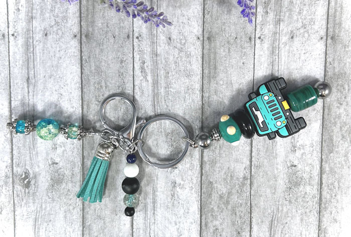 Handmade Aqua Blue Truck Beaded Keychain With Clip and Keyring