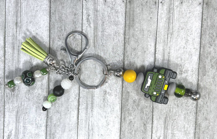 Handmade Green Truck Beaded Keychain With Clip and Keyring