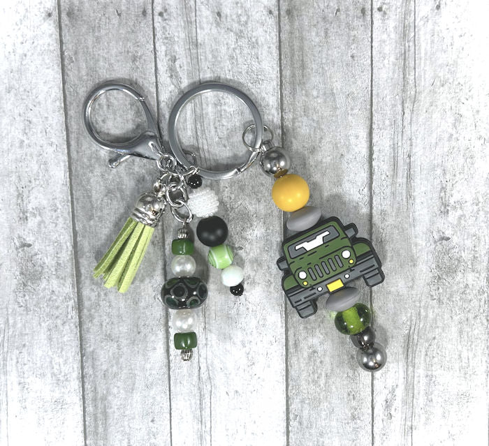 Handmade Green Truck Beaded Keychain With Clip and Keyring