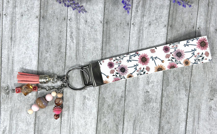 Handmade Flowers Faux Leather Key Fob Wristlet