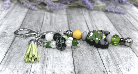 Handmade Green Truck Beaded Keychain With Clip and Keyring