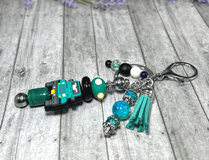 Handmade Aqua Blue Truck Beaded Keychain With Clip and Keyring