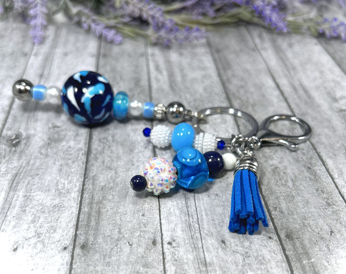 Handmade Blues Beaded Keychain With Clip and Keyring