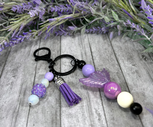 Handmade Purple Angel Heart Beaded Keychain With Clip and Keyring