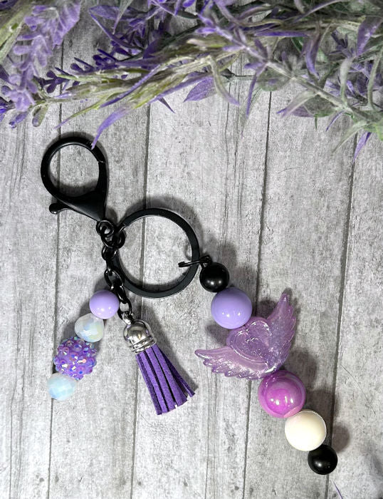 Handmade Purple Angel Heart Beaded Keychain With Clip and Keyring