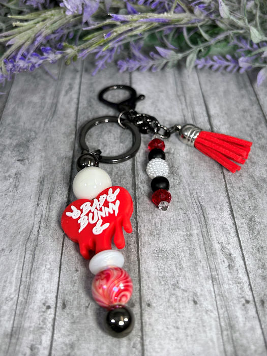 Handmade Bad Bunny Beaded Keychain With Clip and Keyring