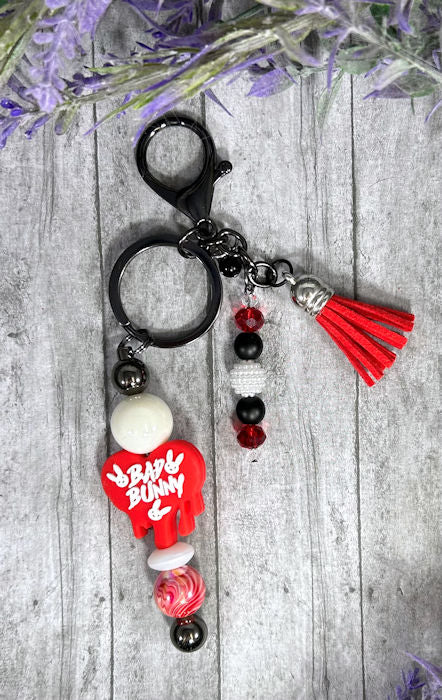 Handmade Bad Bunny Beaded Keychain With Clip and Keyring