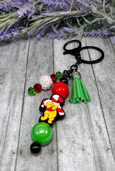 Handmade Pooh Christmas Beaded Keychain With Clip and Keyring