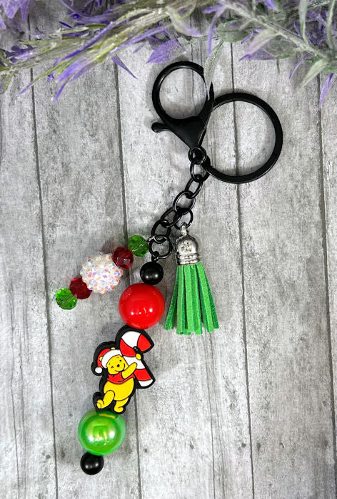 Handmade Pooh Christmas Beaded Keychain With Clip and Keyring