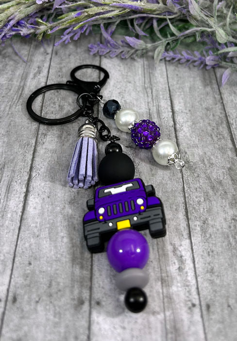 Handmade Purple Truck Beaded Keychain With Clip and Keyring