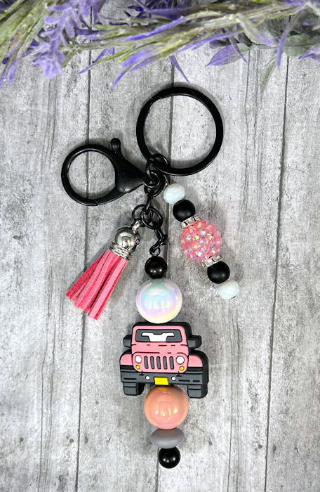 Handmade Pink Truck Beaded Keychain With Clip and Keyring