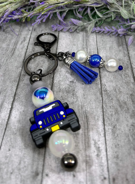 Handmade Blue Truck Beaded Keychain With Clip and Keyring