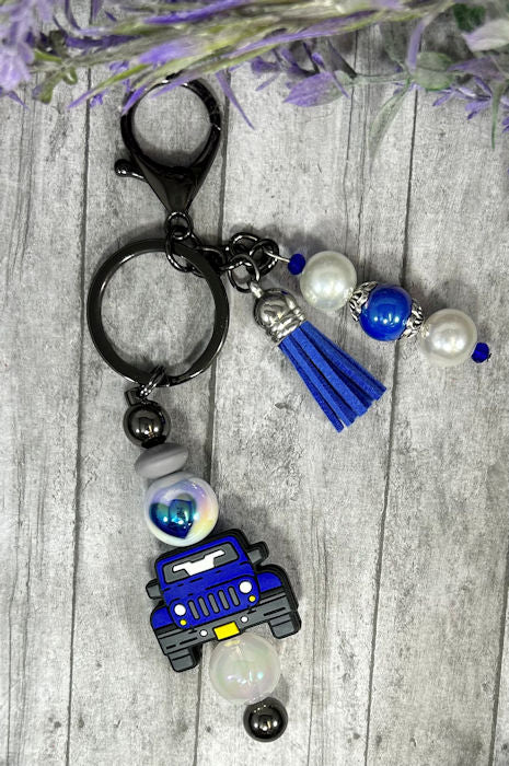 Handmade Blue Truck Beaded Keychain With Clip and Keyring