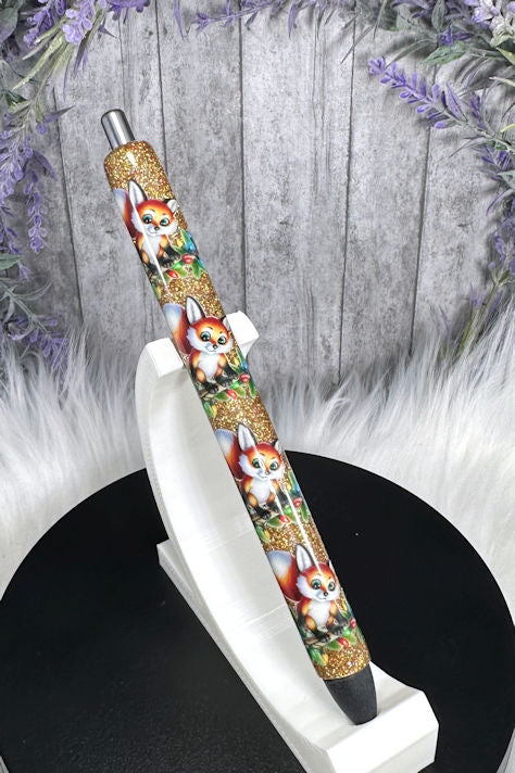 Handmade Christmas Foxes on gold glitter pen with free refill