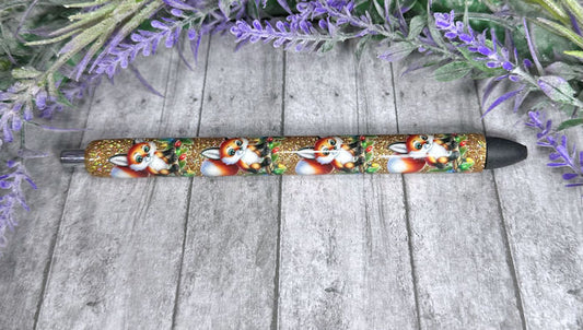 Handmade Christmas Foxes on gold glitter pen with free refill