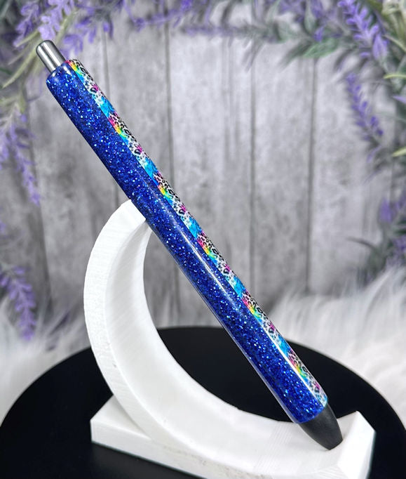 Handmade Pink and Blue animal print glitter pen with free refill