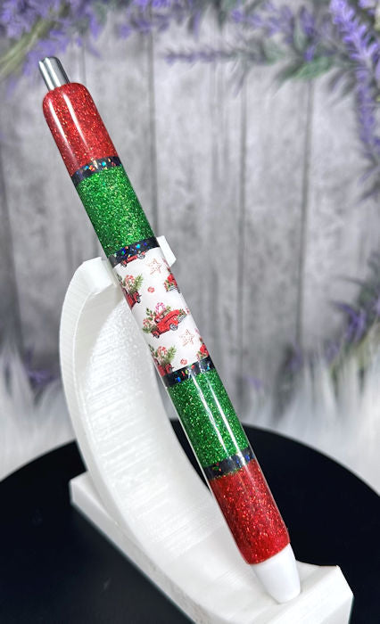 Handmade Horizontal Christmas Red Trucks glitter pen with free refill