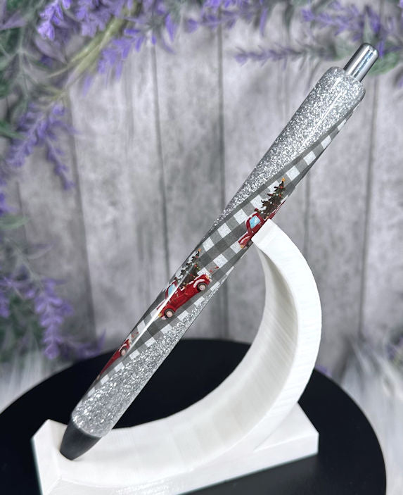 Handmade Christmas Trucks on silver glitter pen with free refill