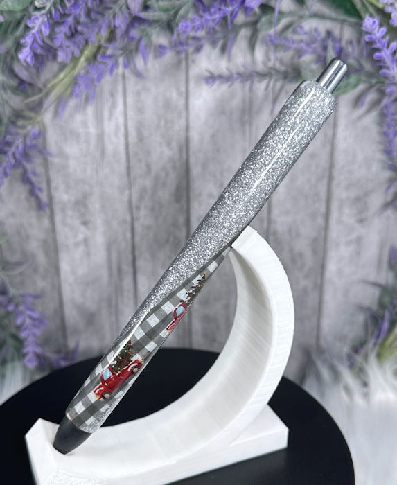 Handmade Christmas Trucks on silver glitter pen with free refill