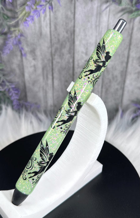 Handmade Fairies on green glitter pen with free refill