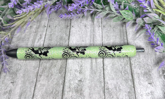 Handmade Fairies on green glitter pen with free refill