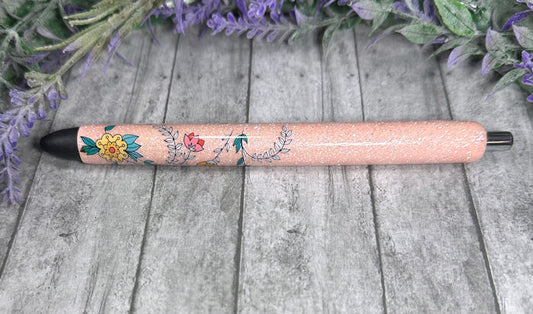 Handmade Floral pattern on peach glitter pen with free refill