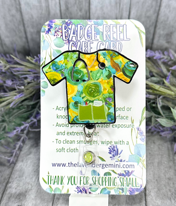 Handmade Green Flowers Nurse Scrubs Badge Reel