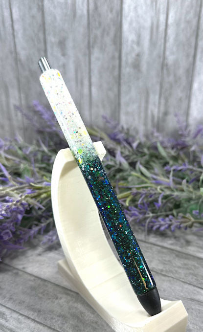 Handmade Dark Aqua and White Ombre  glitter pen with free refill