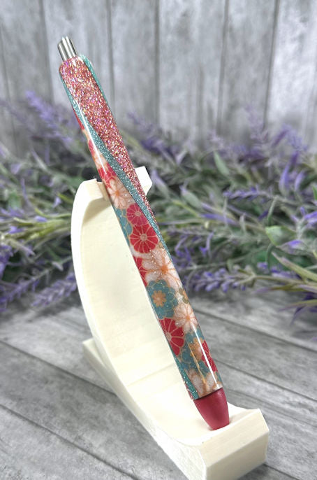 Handmade Red and Aqua flowers washi tape glitter pen with free refill