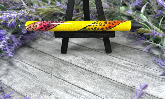 Handmade rainbow animal print on yellow glitter pen with free refill