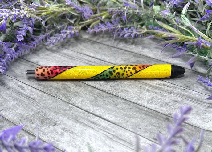 Handmade rainbow animal print on yellow glitter pen with free refill