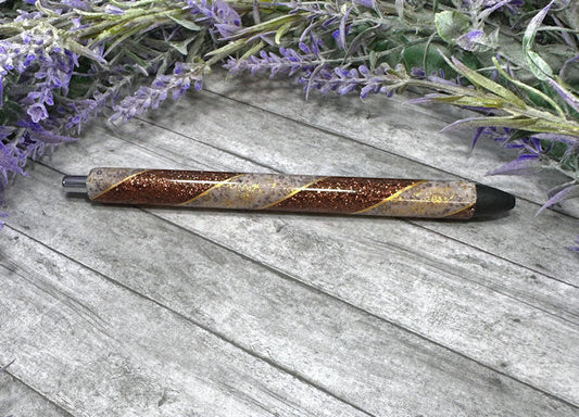 Handmade Gold Flowers on brown glitter pen  with free refill