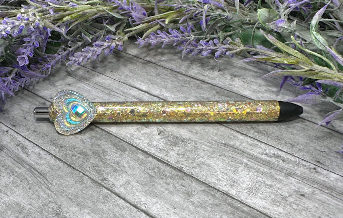 Handmade Gold Heart peacock glitter pen with free refill