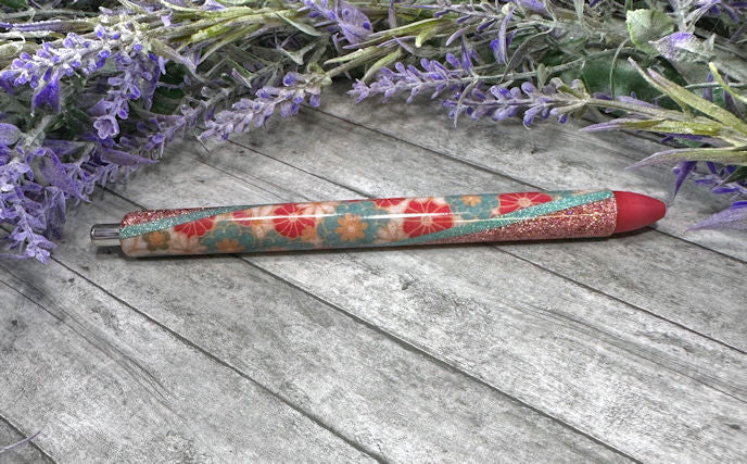 Handmade Red and Aqua flowers washi tape glitter pen with free refill